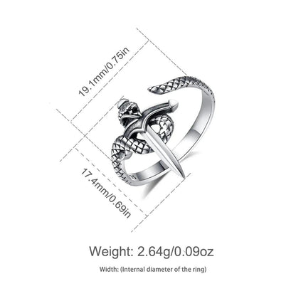 925 Sterling Silver Snake and Sword Adjustable Ring - Gothic Witchy Rings Wicca Jewelry-MoonChildWorld
