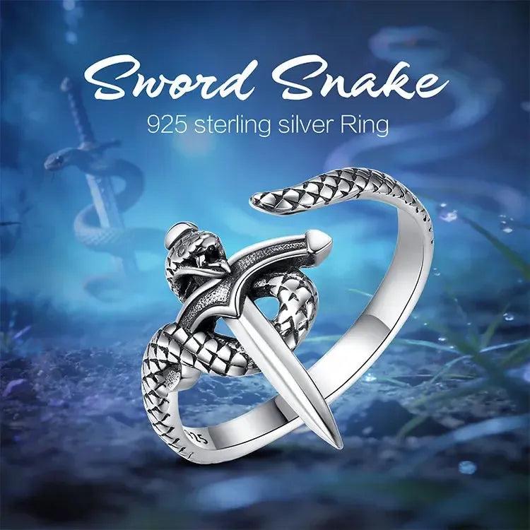 925 Sterling Silver Snake and Sword Adjustable Ring - Gothic Witchy Rings Wicca Jewelry-MoonChildWorld