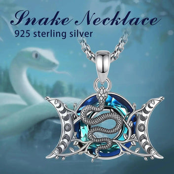 925 Sterling Silver Snake and Triple Moon Goddess  Necklace Crystal Moon phases Necklace Wicca Pagan Jewelry