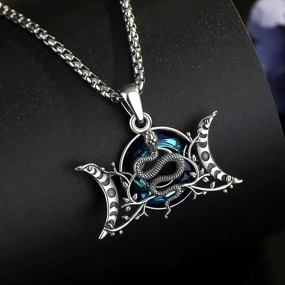 925 Sterling Silver Snake and Triple Moon Goddess Necklace Crystal Moon phases Necklace Wicca Pagan Jewelry-MoonChildWorld