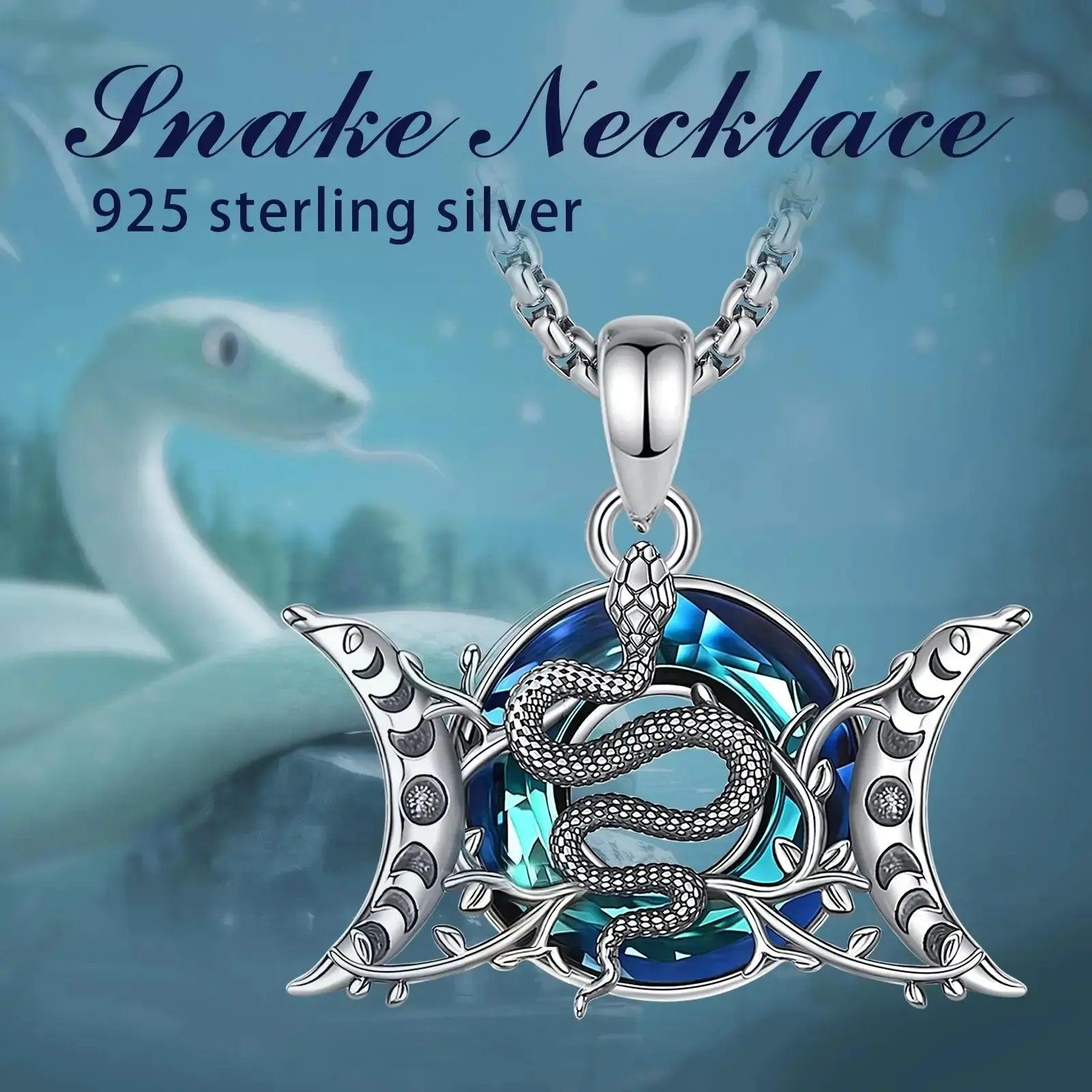 925 Sterling Silver Snake and Triple Moon Goddess Necklace Crystal Moon phases Necklace Wicca Pagan Jewelry-MoonChildWorld