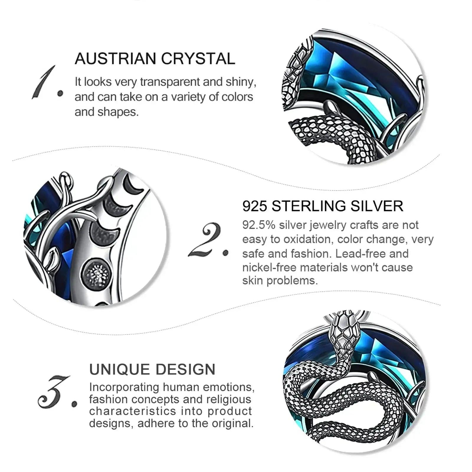 925 Sterling Silver Snake and Triple Moon Goddess Necklace Crystal Moon phases Necklace Wicca Pagan Jewelry-MoonChildWorld