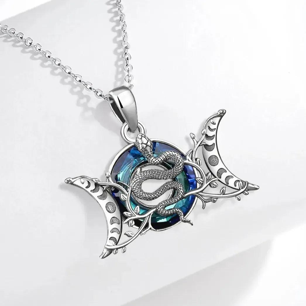 925 Sterling Silver Snake and Triple Moon Goddess Necklace Crystal Moon phases Necklace Wicca Pagan Jewelry-MoonChildWorld