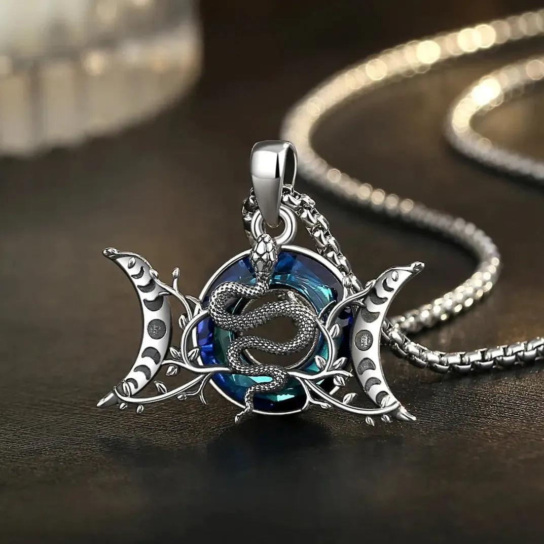 925 Sterling Silver Snake and Triple Moon Goddess Necklace Crystal Moon phases Necklace Wicca Pagan Jewelry-MoonChildWorld