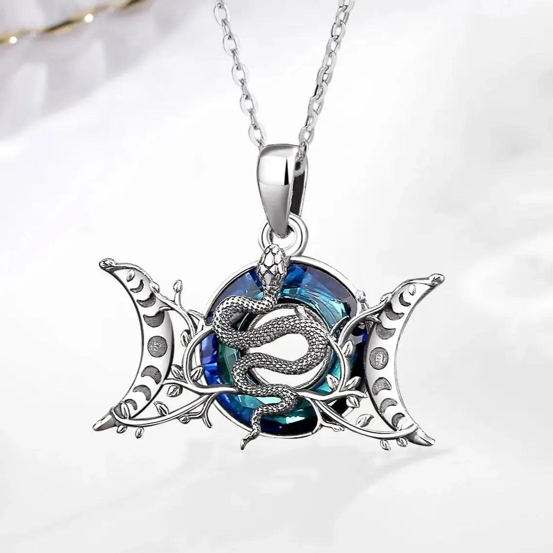 925 Sterling Silver Snake and Triple Moon Goddess Necklace Crystal Moon phases Necklace Wicca Pagan Jewelry-MoonChildWorld