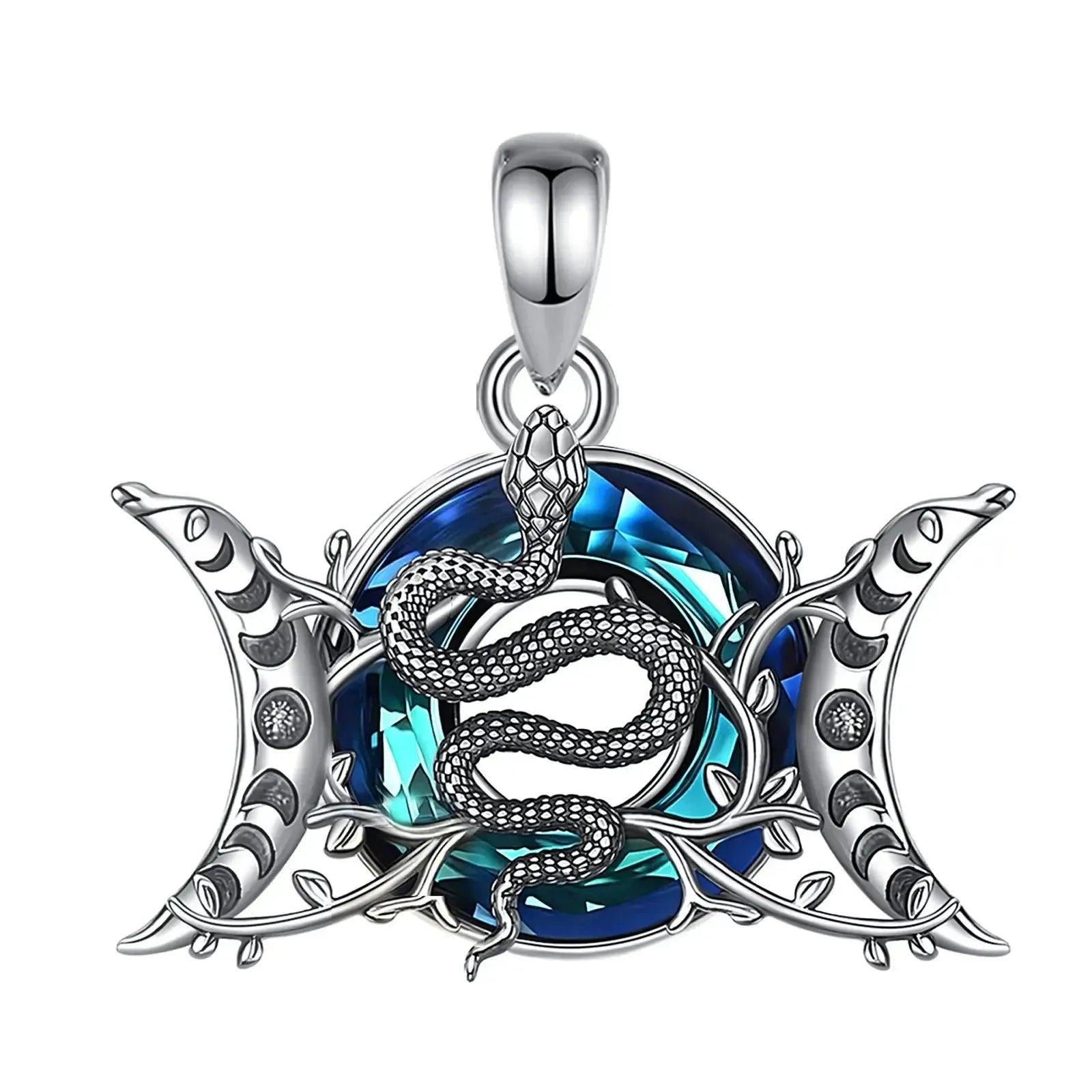 925 Sterling Silver Snake and Triple Moon Goddess Necklace Crystal Moon phases Necklace Wicca Pagan Jewelry-MoonChildWorld