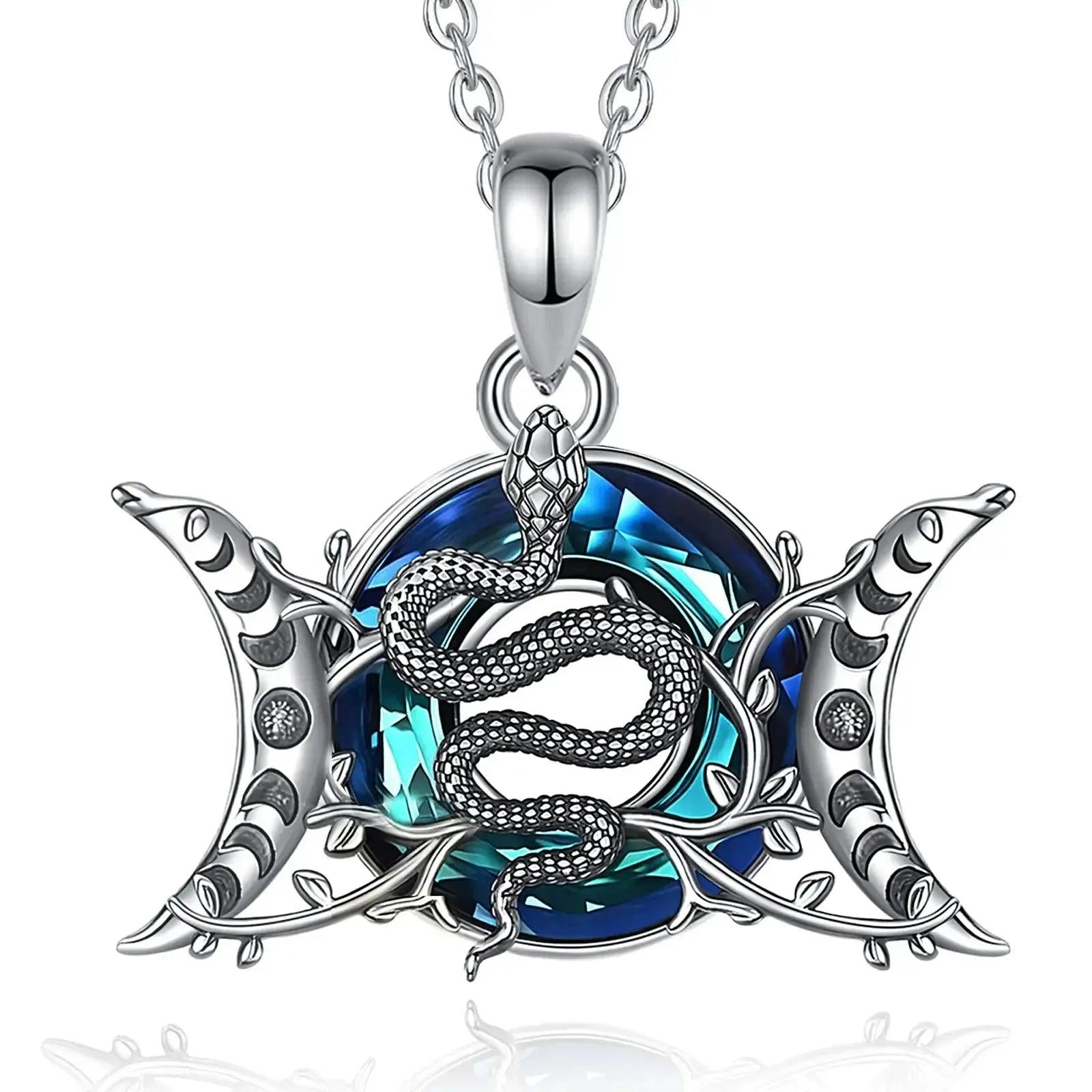 925 Sterling Silver Snake and Triple Moon Goddess Necklace Crystal Moon phases Necklace Wicca Pagan Jewelry-MoonChildWorld