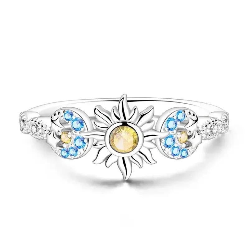 925 Sterling Silver Sun Moon Stars Ring Triple Moon Symbol Wiccan Ring-MoonChildWorld