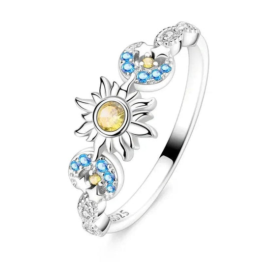 925 Sterling Silver Sun Moon Stars Ring Triple Moon Symbol Wiccan Ring-MoonChildWorld