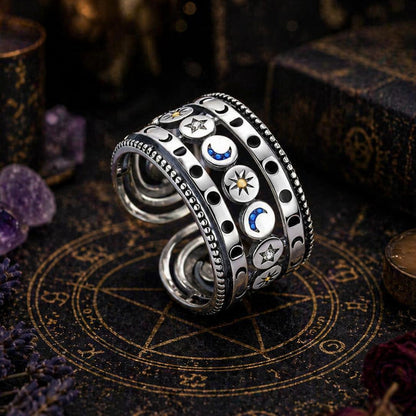 925 Sterling Silver Sun Moon and Stars Open Ring - Magic Moon Phase Wicca Pagan Jewelry-MoonChildWorld