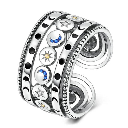 925 Sterling Silver Sun Moon and Stars Open Ring - Magic Moon Phase Wicca Pagan Jewelry-MoonChildWorld