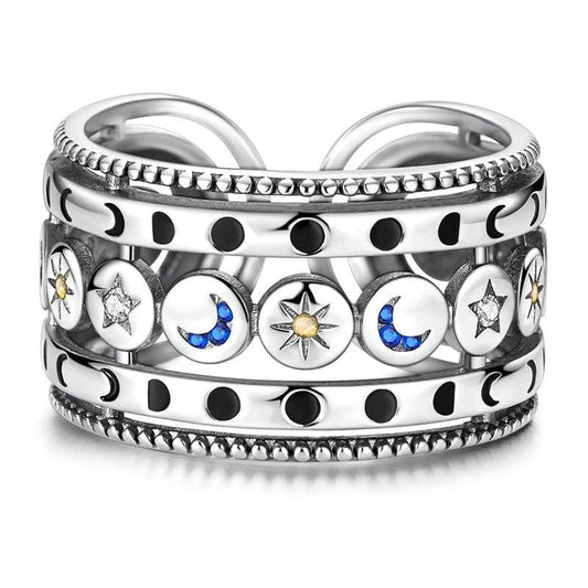 925 Sterling Silver Sun Moon and Stars Open Ring - Magic Moon Phase Wicca Pagan Jewelry-MoonChildWorld