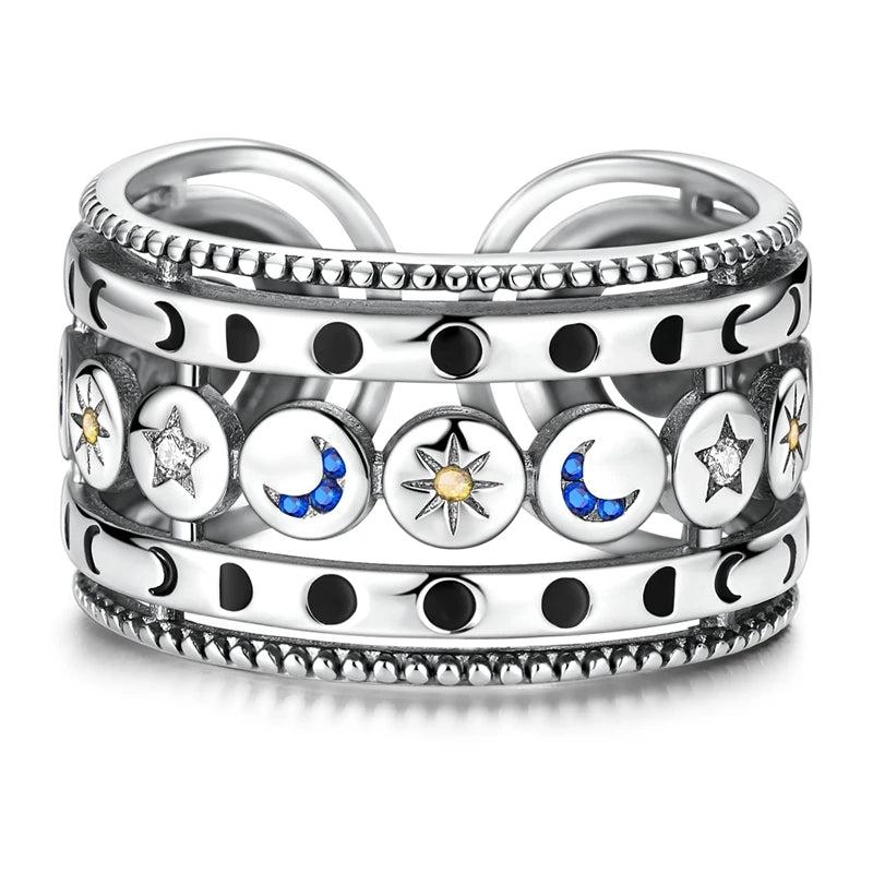 925 Sterling Silver Sun Moon and Stars Open Ring - Magic Moon Phase Wicca Pagan Jewelry-MoonChildWorld