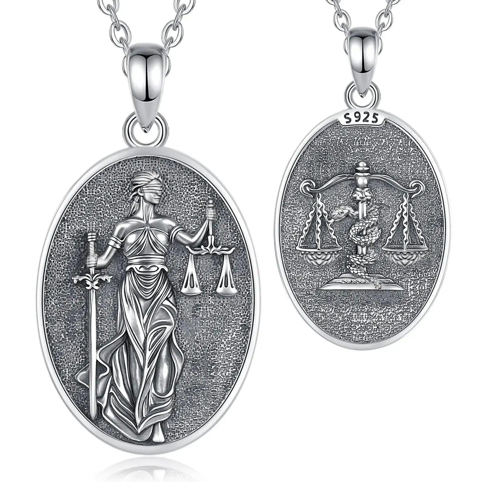 Sterling silver oval Themis Goddess of Justice necklace with sword and balance scales.