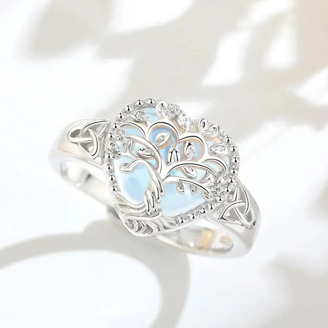 925 Sterling Silver Tree of Life Adjustable Ring Heart Moonstone Spirit Tree Pagan Ring Spiritual Jewelry-MoonChildWorld