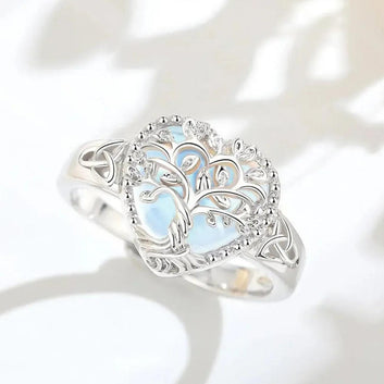 925 Sterling Silver Tree of Life Adjustable Ring Heart Moonstone Spirit Tree Pagan Ring Spiritual Jewelry-MoonChildWorld