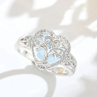 925 Sterling Silver Tree of Life Adjustable Ring Heart Moonstone Spirit Tree Pagan Ring Spiritual Jewelry-MoonChildWorld