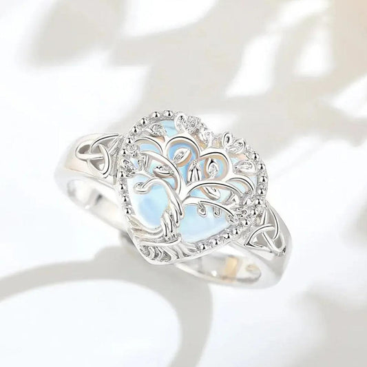 925 Sterling Silver Tree of Life Adjustable Ring Heart Moonstone Spirit Tree Pagan Ring Spiritual Jewelry-MoonChildWorld