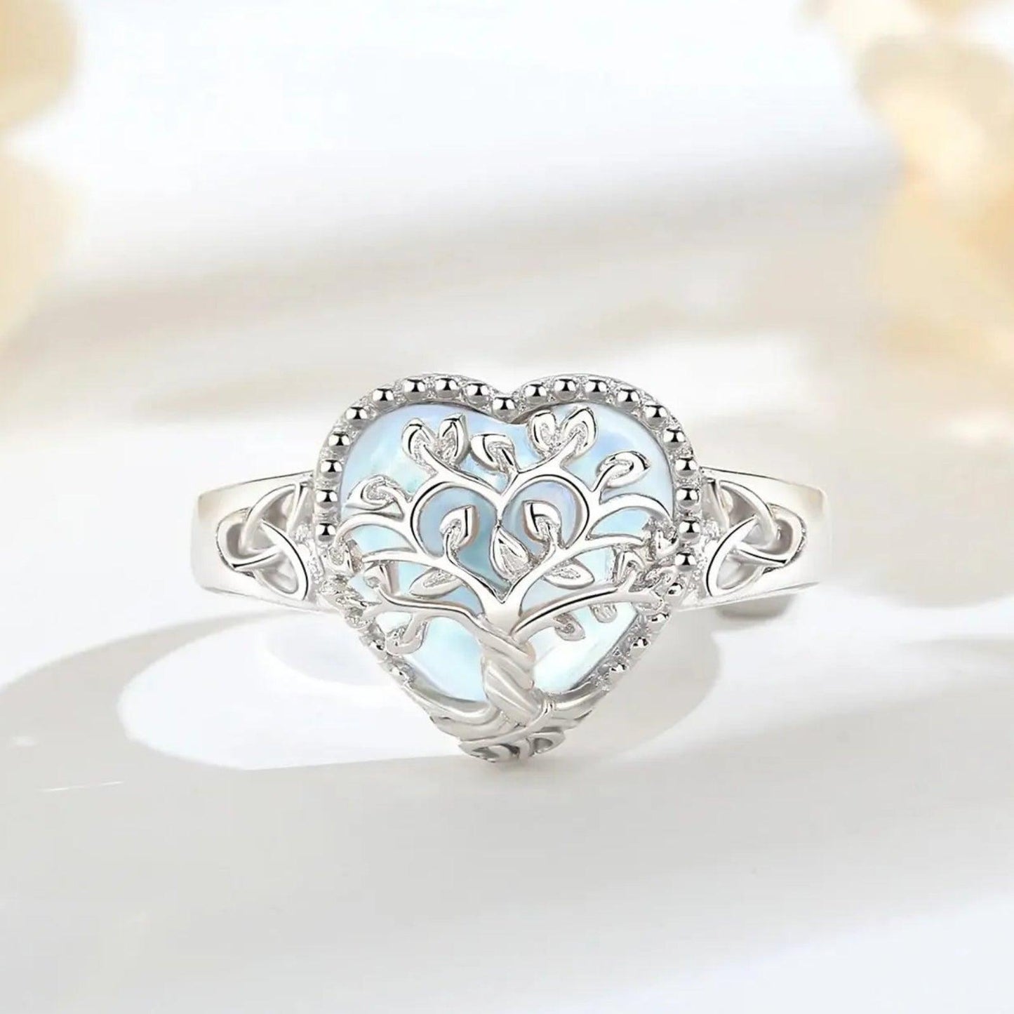 925 Sterling Silver Tree of Life Adjustable Ring Heart Moonstone Spirit Tree Pagan Ring Spiritual Jewelry-MoonChildWorld