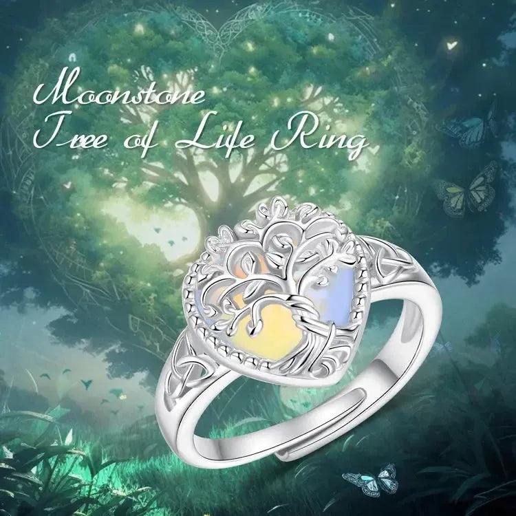 925 Sterling Silver Tree of Life Adjustable Ring Heart Moonstone Spirit Tree Pagan Ring Spiritual Jewelry-MoonChildWorld