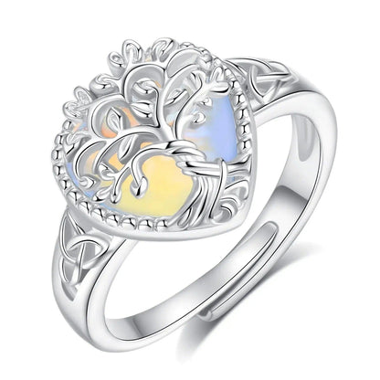 925 Sterling Silver Tree of Life Adjustable Ring Heart Moonstone Spirit Tree Pagan Ring Spiritual Jewelry-MoonChildWorld