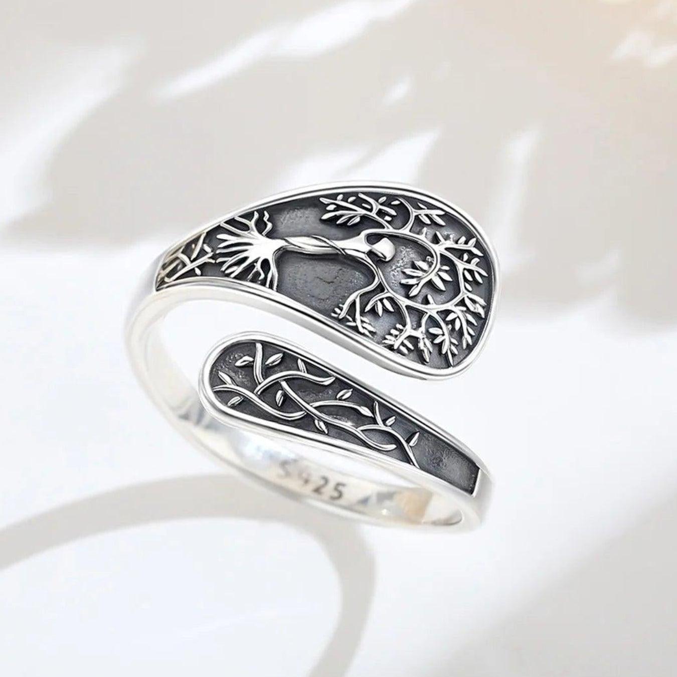925 Sterling Silver Tree of Life Goddess Adjustable Ring Yggdrasil