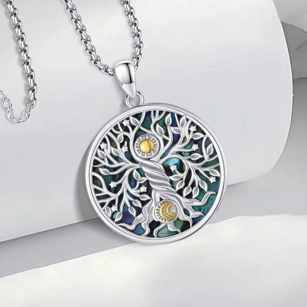 925 Sterling Silver Tree of Life Necklace Abalone Shell Sun Moon Necklace Celtic Knot Pagan Jewelry-MoonChildWorld