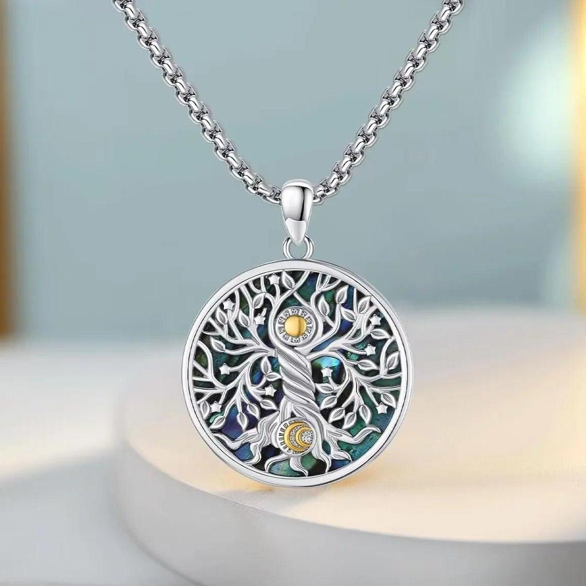 925 Sterling Silver Tree of Life Necklace Abalone Shell Sun Moon Necklace Celtic Knot Pagan Jewelry-MoonChildWorld