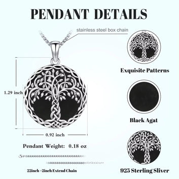 925 Sterling Silver Tree of Life Necklace Black Agate Celtic Knot Pagan Jewelry