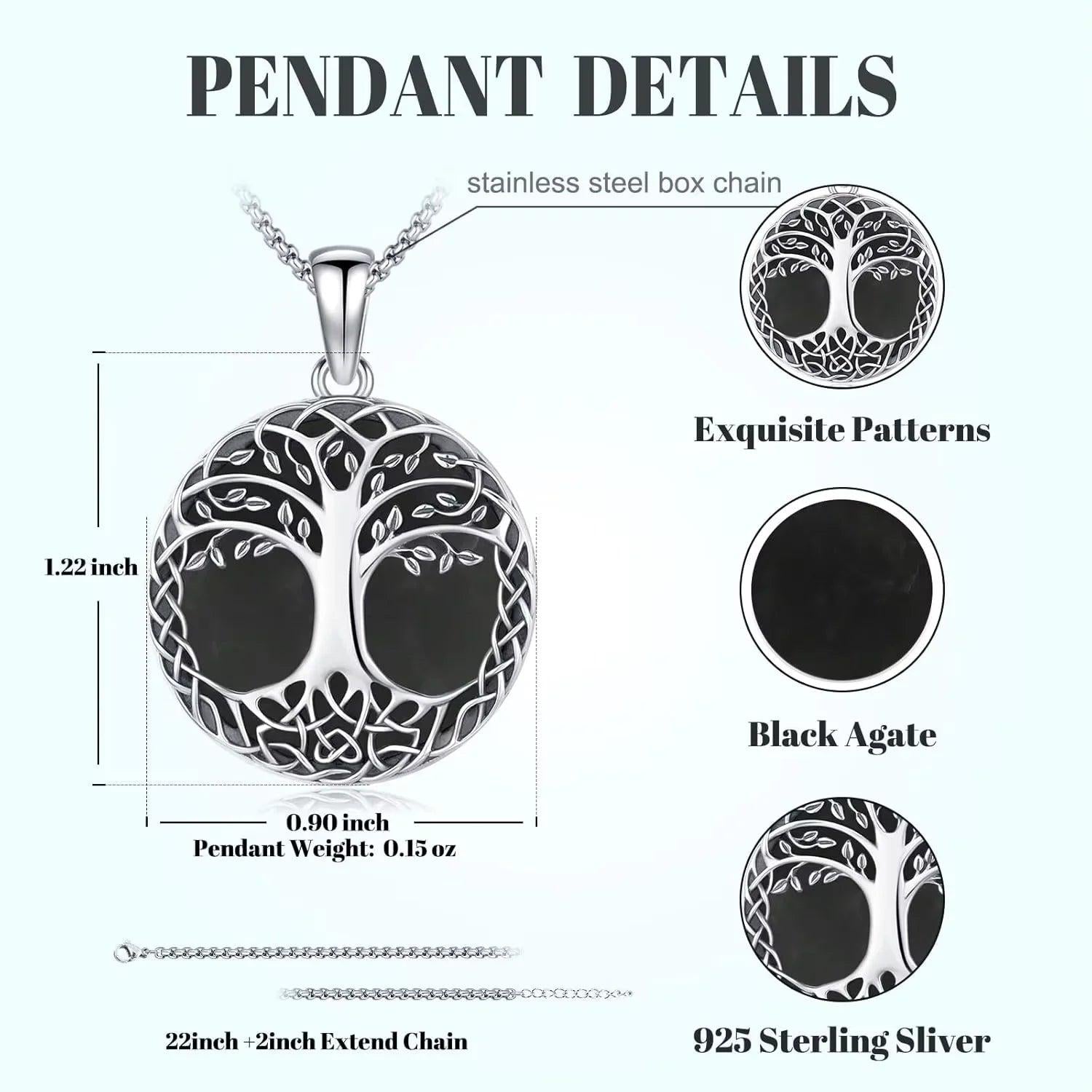 925 Sterling Silver Tree of Life Necklace Black Agate Celtic Knot Pagan Jewelry-MoonChildWorld