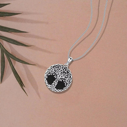 925 Sterling Silver Tree of Life Necklace Black Agate Celtic Knot Pagan Jewelry-MoonChildWorld