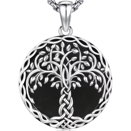 925 Sterling Silver Tree of Life Necklace Black Agate Celtic Knot Pagan Jewelry