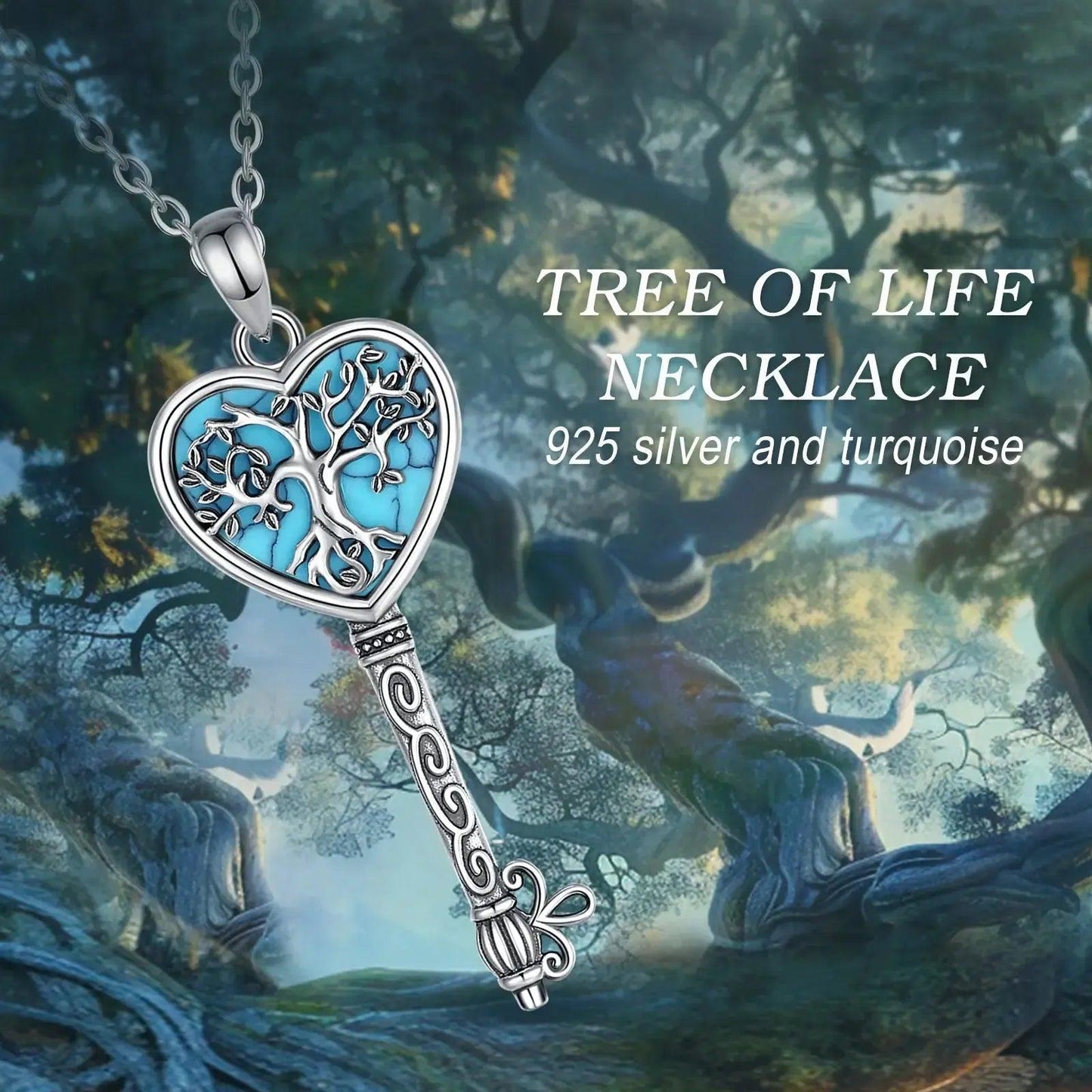 925 Sterling Silver Tree of Life Necklace Turquoise Yggdrasil Key Pendant Pagan Jewelry-MoonChildWorld
