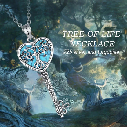 925 Sterling Silver Tree of Life Necklace Turquoise Yggdrasil Key Pendant Pagan Jewelry-MoonChildWorld