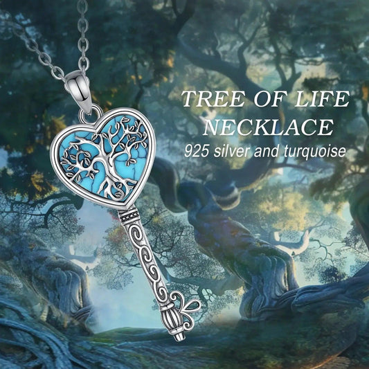 925 Sterling Silver Tree of Life Necklace Turquoise Yggdrasil Key Pendant Pagan Jewelry-MoonChildWorld