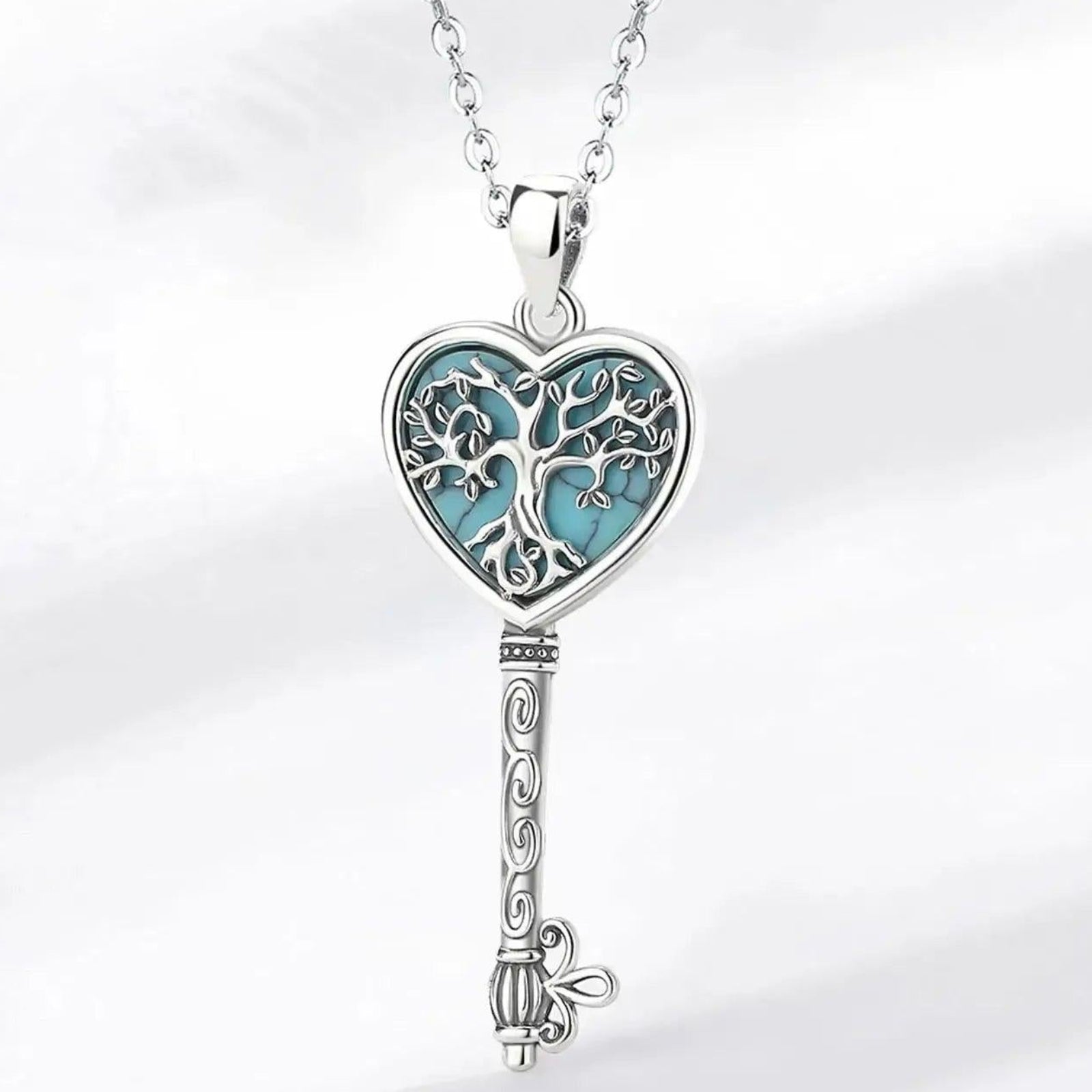925 Sterling Silver Tree of Life Necklace Turquoise Yggdrasil Key Pendant Pagan Jewelry-MoonChildWorld