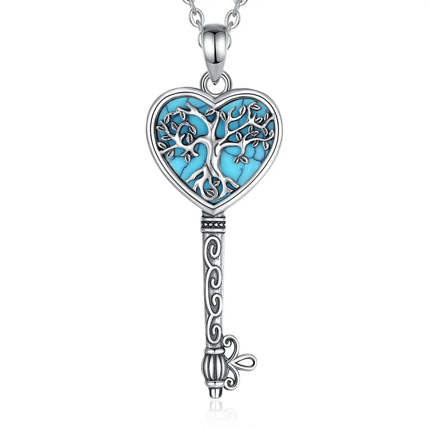 925 Sterling Silver Tree of Life Necklace Turquoise Yggdrasil Key Pendant Pagan Jewelry-MoonChildWorld