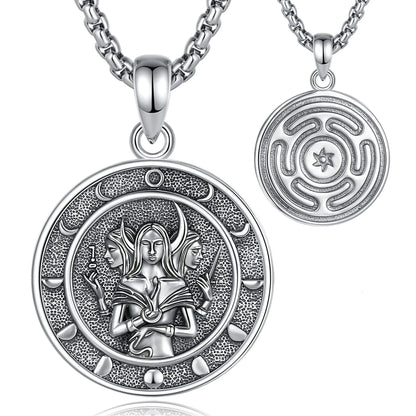925 Sterling Silver Triple Goddess Necklace Wheel of Hecate Moon Phase Pendant Wicca Pagan Jewelry-MoonChildWorld