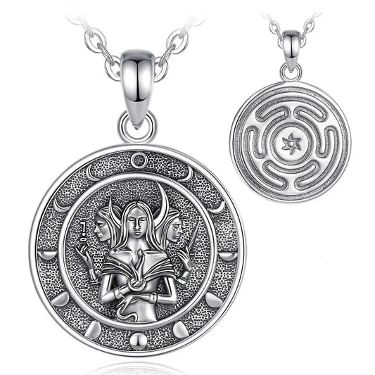 925 Sterling Silver Triple Goddess Necklace Wheel of Hecate Moon Phase Pendant Wicca Pagan Jewelry-MoonChildWorld