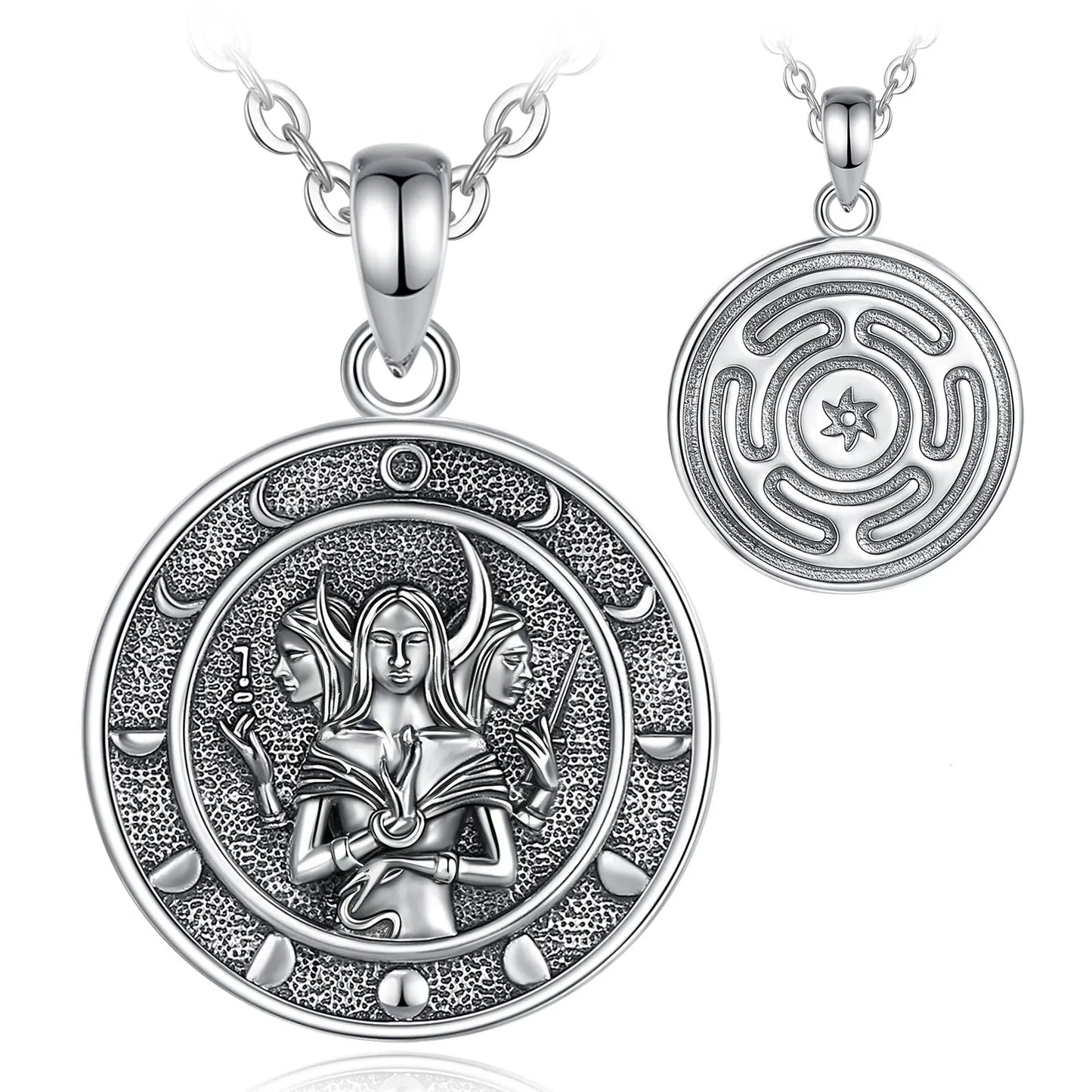 925 Sterling Silver Triple Goddess Necklace Wheel of Hecate Moon Phase Pendant Wicca Pagan Jewelry-MoonChildWorld