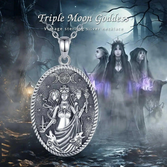 925 Sterling Silver Triple Moon Goddess Necklace Hecate Amulet Pendant Triple Goddess Jewelry-MoonChildWorld