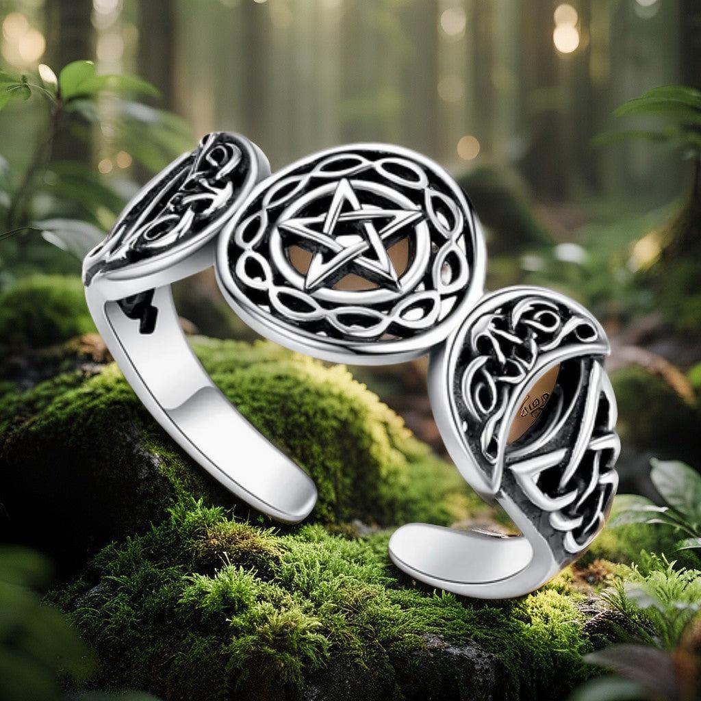 925 Sterling Silver Triple Moon Goddess Pentagram Ring Celtic Knot Adjustable Ring Wicca Pagan Jewelry-MoonChildWorld