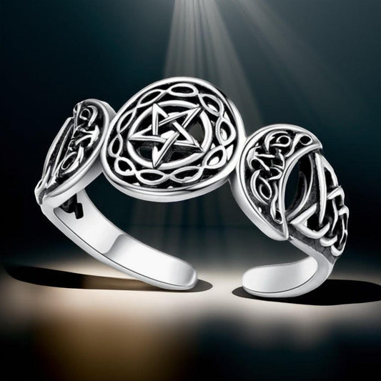 925 Sterling Silver Triple Moon Goddess Pentagram Ring Celtic Knot Adjustable Ring Wicca Pagan Jewelry-MoonChildWorld