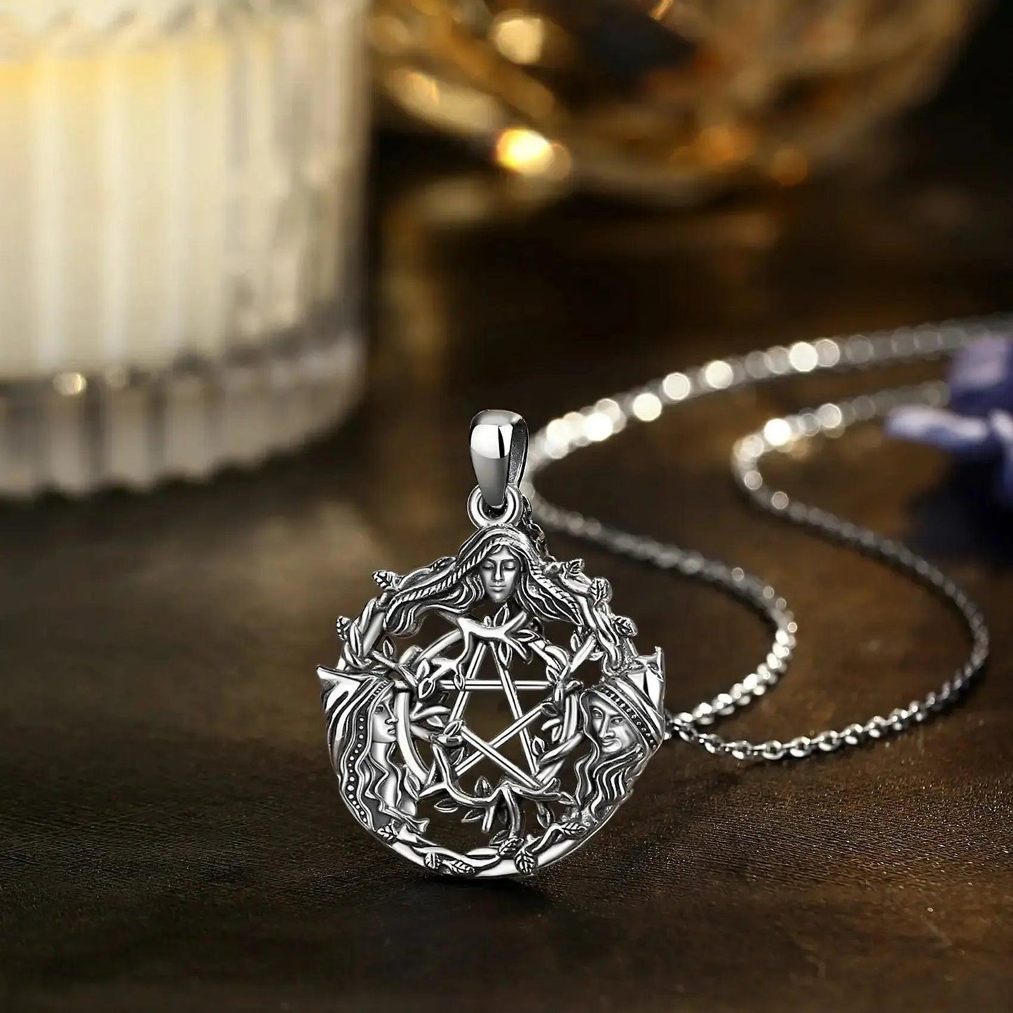 925 Sterling Silver Triple Moon Goddess Pentagram Wicca Pagan Necklace Spiritual Jewelry-MoonChildWorld