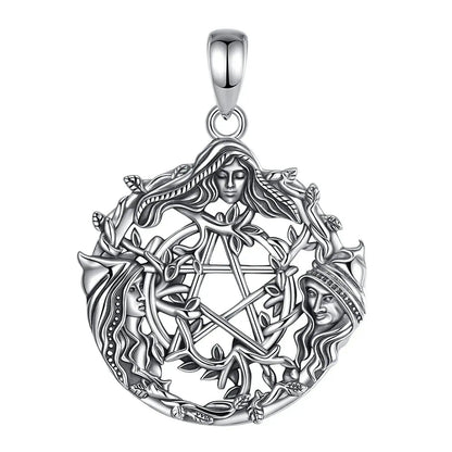 925 Sterling Silver Triple Moon Goddess Pentagram Wicca Pagan Necklace Spiritual Jewelry-MoonChildWorld
