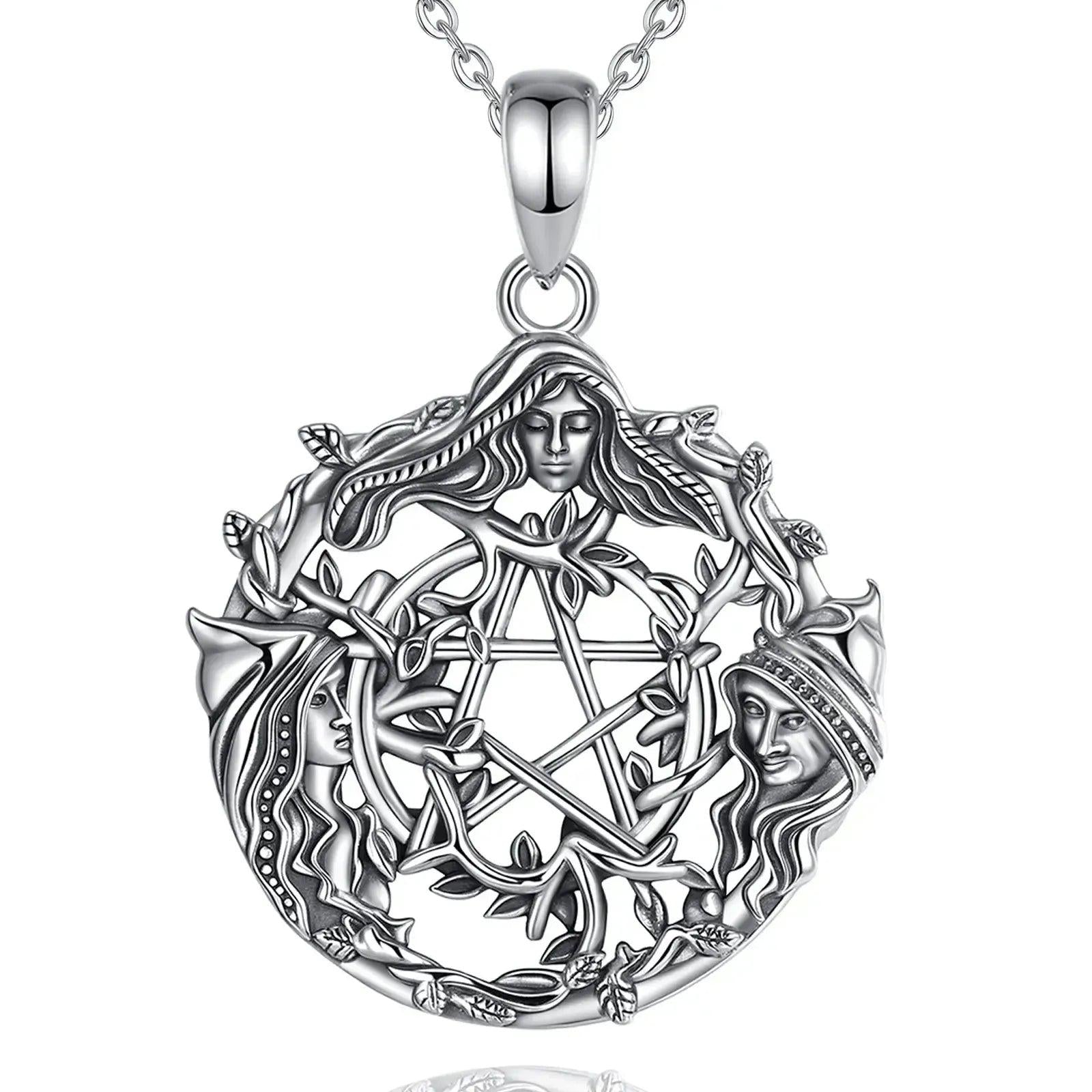 925 Sterling Silver Triple Moon Goddess Pentagram Wicca Pagan Necklace Spiritual Jewelry-MoonChildWorld