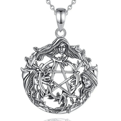 925 Sterling Silver Triple Moon Goddess Pentagram Wicca Pagan Necklace Spiritual Jewelry-MoonChildWorld
