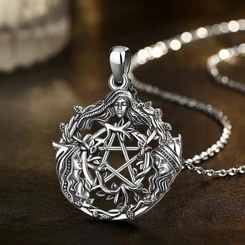 925 Sterling Silver Triple Moon Goddess Pentagram Wicca PaganNecklace Spiritual Jewelry
