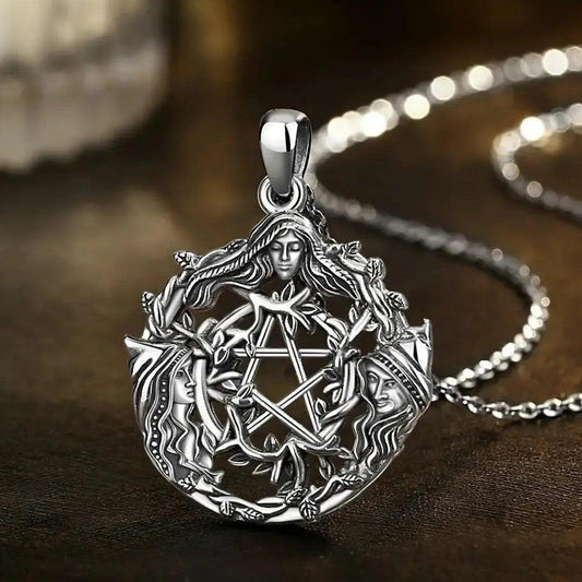 925 Sterling Silver Triple Moon Goddess Pentagram Wicca PaganNecklace Spiritual Jewelry-MoonChildWorld