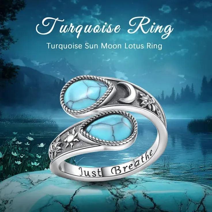925 Sterling Silver Turquoise Rings Sun Moon Lotus Just Breathe Rings Wicca Healing Jewelry-MoonChildWorld